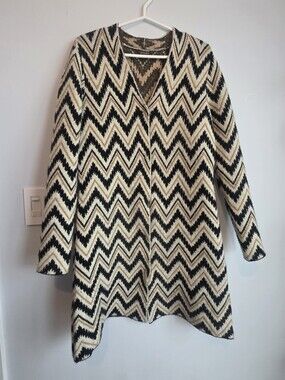 J MCLAUGHLIN Cardigan Women S Chevron Open Front Sweater Duster Black Ivory